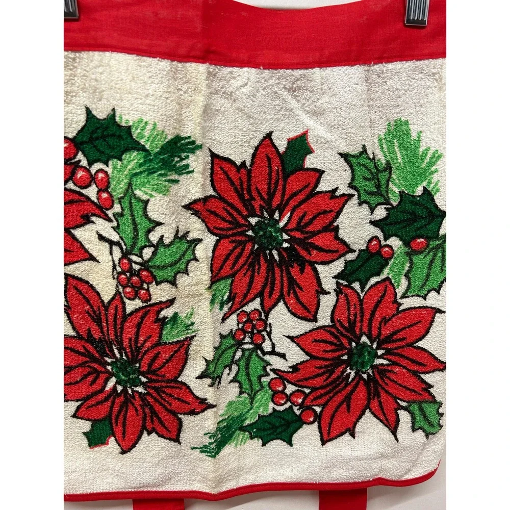 Christmas Holiday Apron, Poinsettias, Terry‎ Cloth Handmade, Small 16